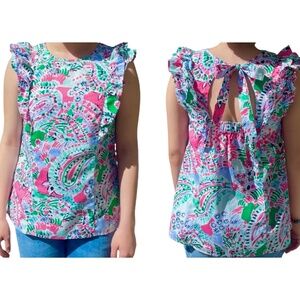 Crown & Ivy Women’s Small Ruffle Blouse Colorful Paisley Tie Back Cotton